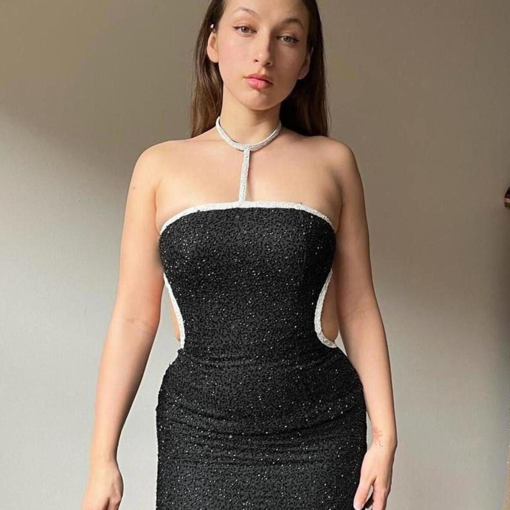 Scala 90s black and white silk beaded prom dress gown